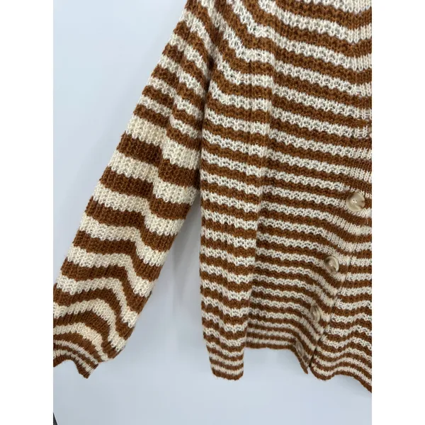 FORE Striped Chunky Knit‎ Cardigan Womens L Brown Cream Grandpa Cozy - Image 4