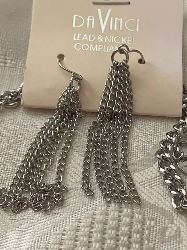 DaVinci Silver Tone Necklace & Earrings Set 3 Rows Fringe Statement Festival New - Image 2