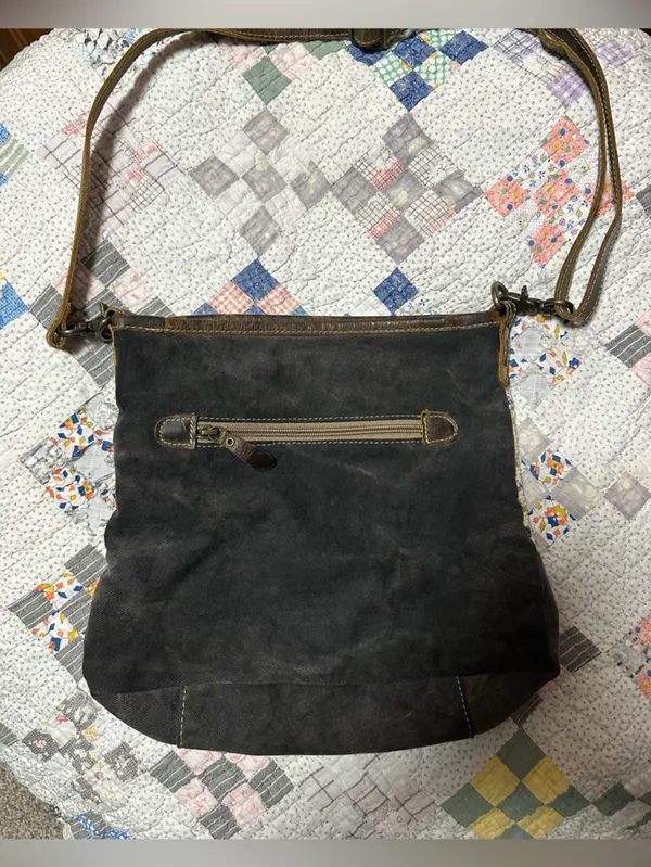 Myra Bag Beige, Brown and Black Patterned Crossbody with Haircalf Trim - Image 4