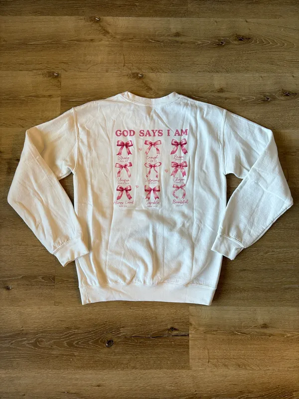God Says I Am Pink Graphic Sweatshirt with Bows - Image 2