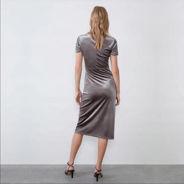 ZARA velvet midi dress in metallic taupe grey‎ Size Small - Image 2