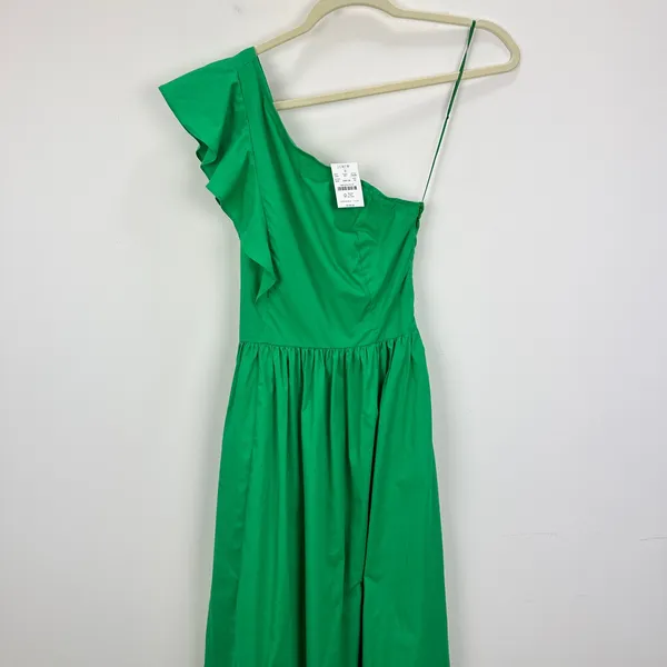 J.Crew One Shoulder Midi Dress A Line Ruffle Pockets Kelly Green US 00 NWT - Image 4