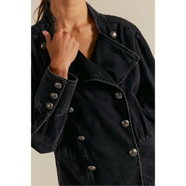 Free People Imogene Denim Officer Jacket in Odyssey Black Military Denim Small - Image 4