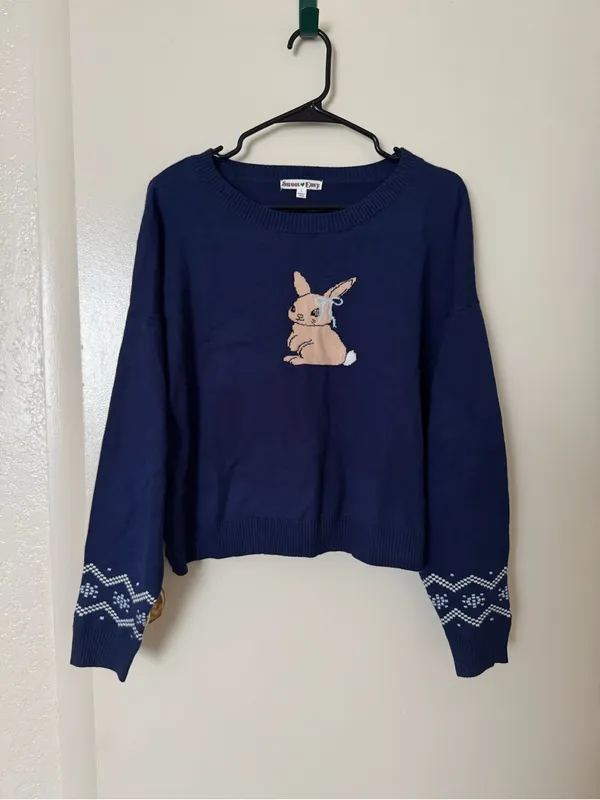 Sweet Envy Navy Blue Cropped Bunny Knit Sweater Coquette Kawaii Preppy Bow Sz L - Image 2