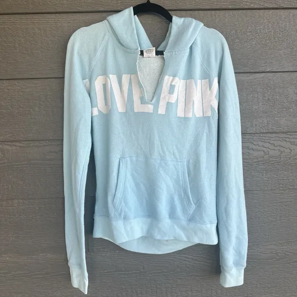 PINK Victorias Secret Deep V-neck Terry Cloth Hoodie Medium Logo Aqua‎ Blue Soft - Image 5