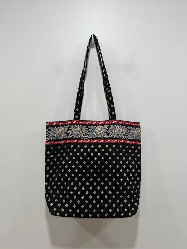Vera Bradley Quilted Tote Bag Black Floral Print Shoulder Bag Large Cotton - Image 2