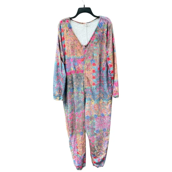 Natural Life Floral Soft Fleece Pajama Jumpsuit Large Zip-up Boho Cozy Colorful - Image 15