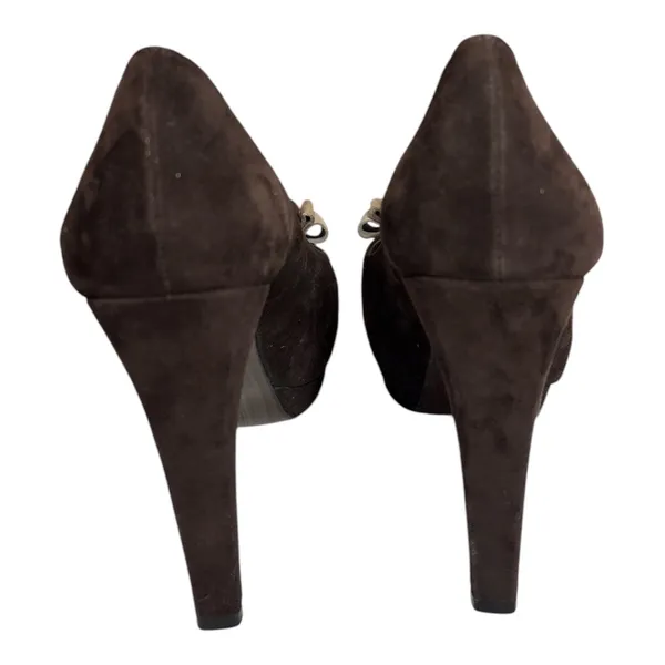 Stuart Weitzman Dark Brown Suede Peep-Toe Heels with Bow Detail - Image 4