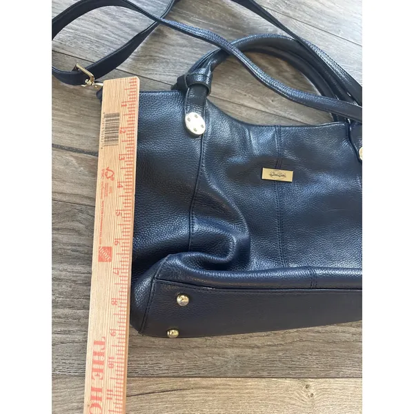 Donna Elissa Navy Blue Pebbled Leather Satchel Crossbody Bag Gold Hardware - Image 3