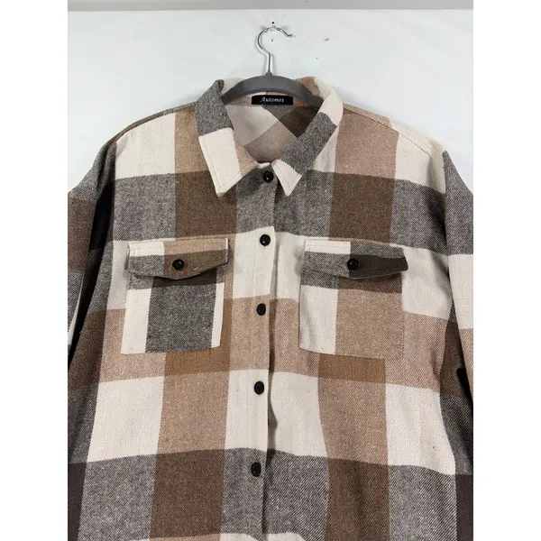 Womens XL Brown Cream Plaid Flannel Shacket Oversized Button Down Shirt - Image 3