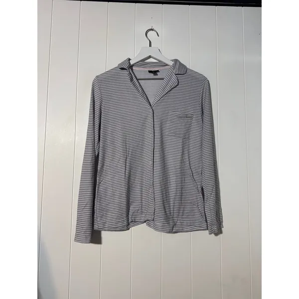 Tahari Womens M Pajama Set Gray White Stripe Button Front Top Pants 2 Piece - Image 2