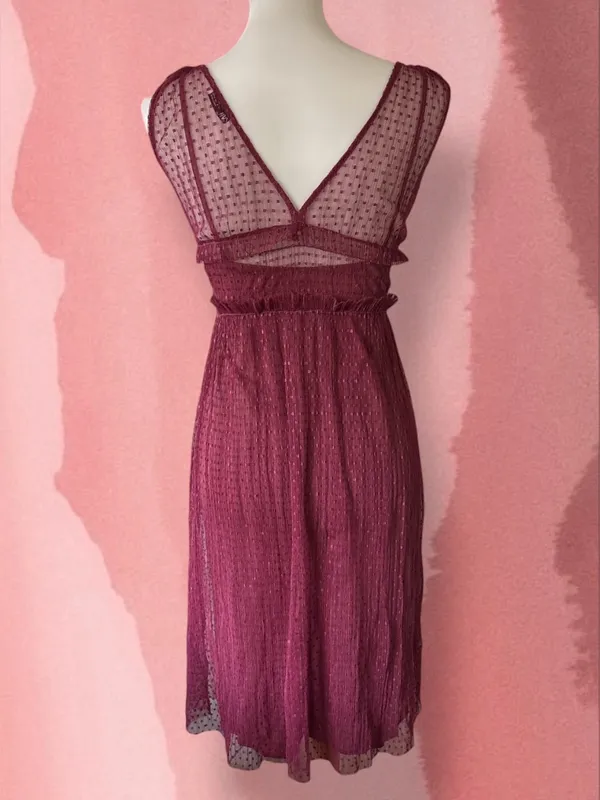 ZARA Burgundy Swiss Dot Mesh Midi Dress Small Sheer V-Neck Ruffle - Image 4