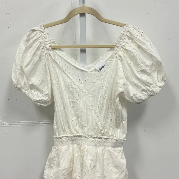 Sky to Moon Eyelet Lace Mini Dress Puff Sleeve Smocked Waist‎ Small White Boho - Image 7
