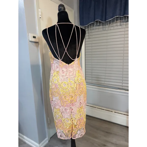 Topshop Floral Lace Midi Dress Pink Yellow Crochet Strappy Bodycon Size 6 - Image 5