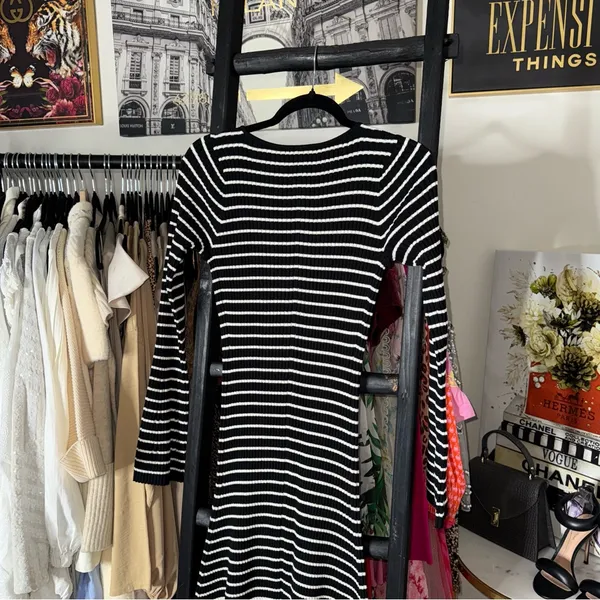 Club Monaco Black And White Striped Ribbed Midi Sweater Dress With Bell Sleeves - Image 14