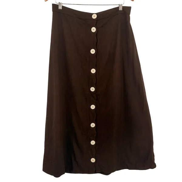 Bagatelle Linen Blend Midi Brown Skirt Sz L Boho Lagenlook Coastal Button Front - Image 2