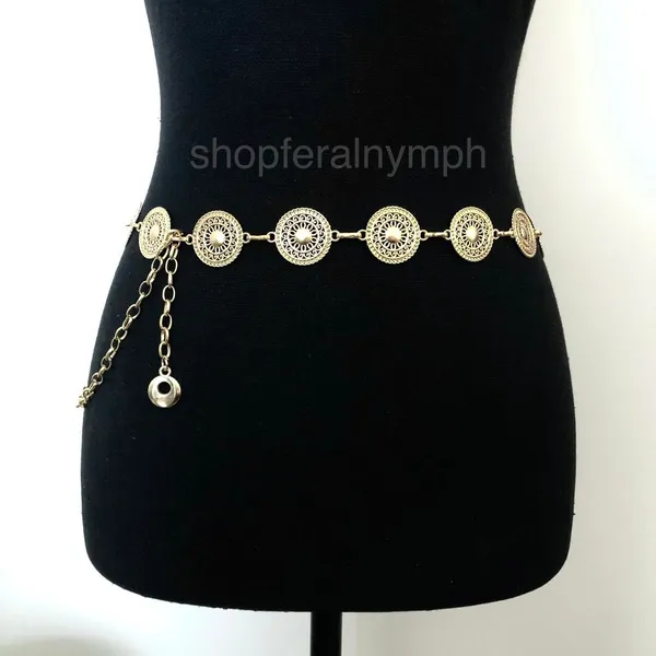 Gold Y2K Textured Round Medallion Boho Chain Belt, Fits 25-44.5 Inches, X7GA1247 - Image 3