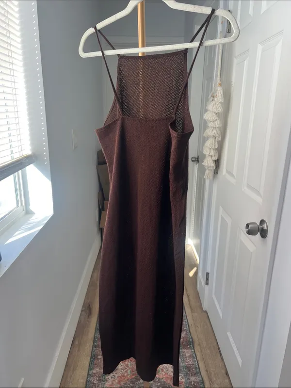 ZARA Mesh Open Knit Brown Cover Up Sheer Midi Dress Brown Large - Image 4