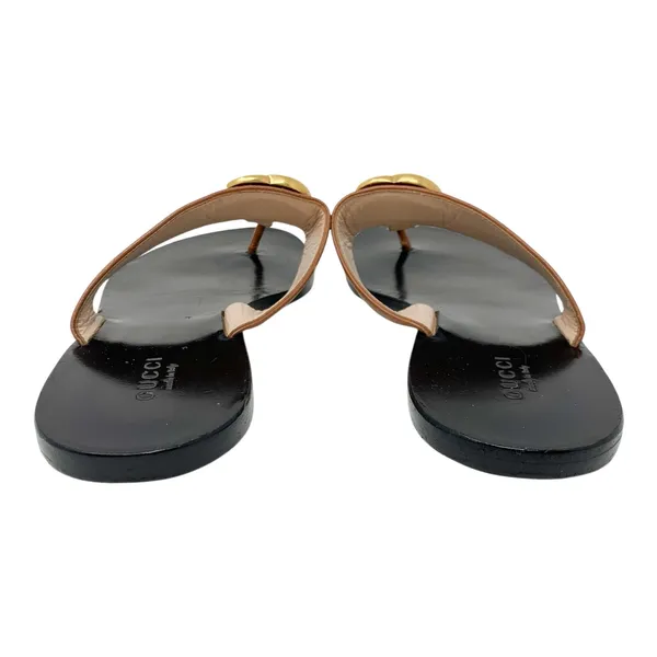 Gucci Marmont GG Brown Leather Thong Sandals Gold Logo Flats EU 37.5 - Image 5