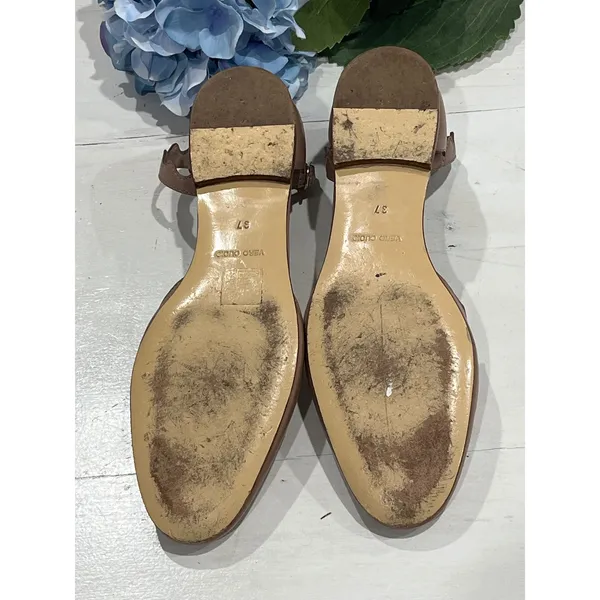 Triver Flight Scalloped Ankle Strap Flats Leather Ballet Shoes‎ Size 37 Tan - Image 7