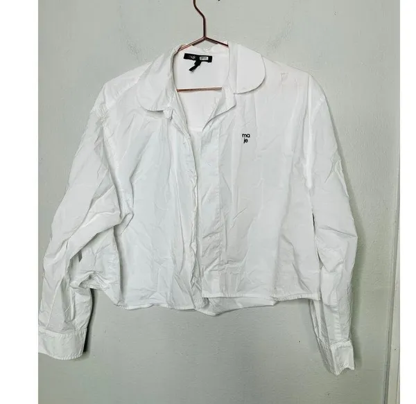 MAJE White 100% Cotton Cropped Button Up Long Sleeve Collared Shirt Size 2 - Image 5