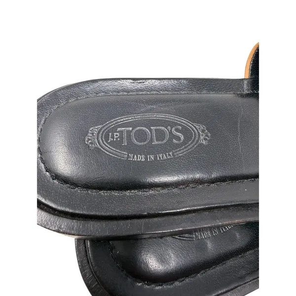 Tod's Leather Toe Ring Flat Slide Sandals Tan Black Made in Italy Size 8 - Image 14