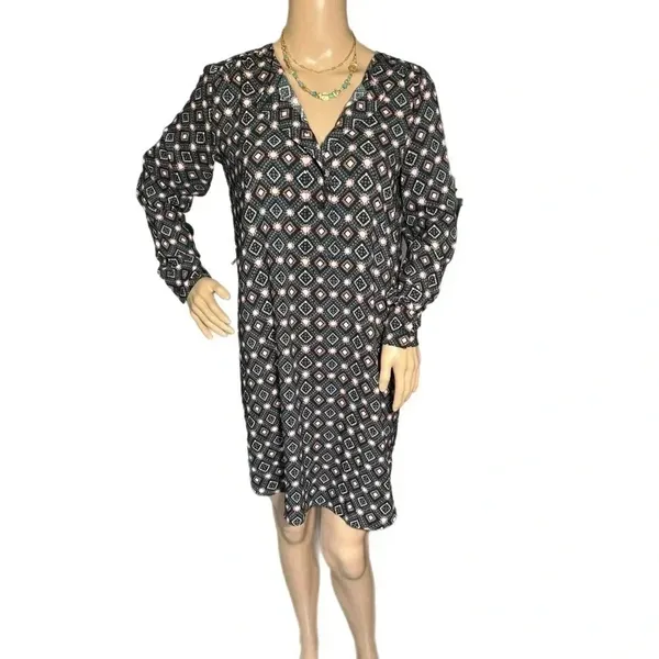 Ann Taylor LOFT Geometric Floral Shirt Dress Pink Gray Long Sleeve Women’s XS/S - Image 3