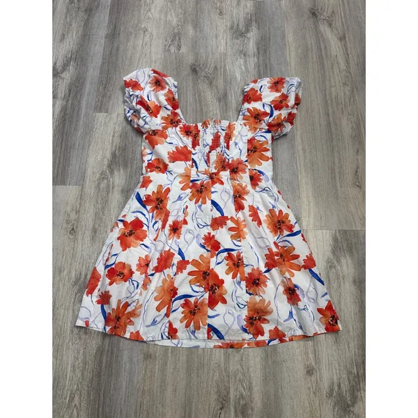 Lost + Wander Poppy Blooms Mini Dress Puff Sleeve White Orange Blue Women Large - Image 7