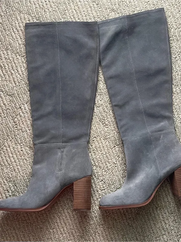 Sam Edelman Gray Suede Knee-High Block Heel Boots with Wood Stacked Heel - Image 3