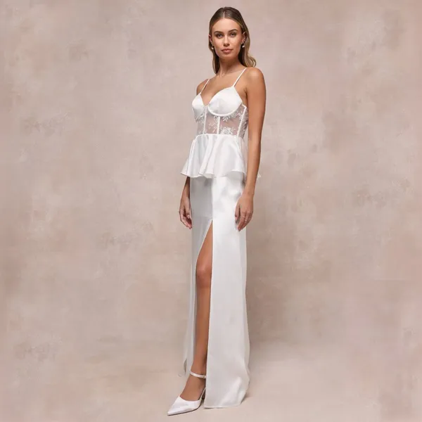 Lulus Iconic Adoration White Satin Peplum Sheer Bustier Maxi Dress Size M - Image 3