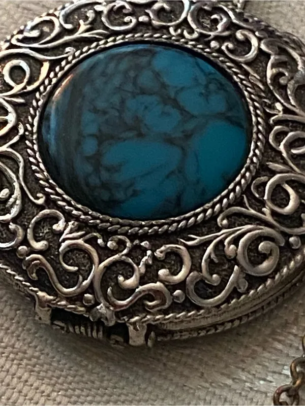 Vtg Max Factor Necklace Solid Perfume Locket Silver Turquoise Stone Hypnotique Blue - Image 6