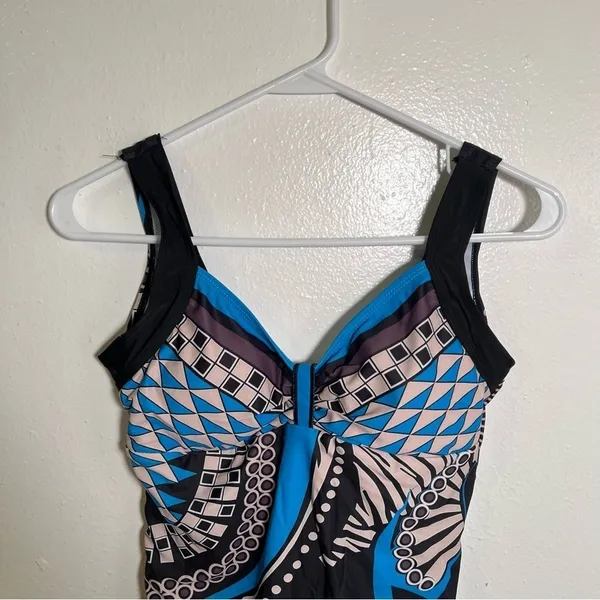 Women's Size Medium‎ One Piece Swimsuit Black Blue Beige Geometric V-Neck - Image 4