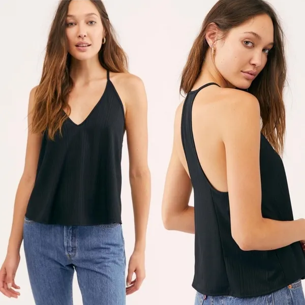 Free People -1646 NWT Slinky Slinky Ribbed V Neck Racerback‎ Tank Top Black XS - Image 2
