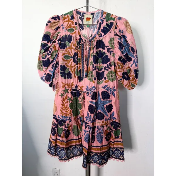 Farm Rio Mini Dress Pink Embroidered Sea Creatures Puff Sleeve - Image 3