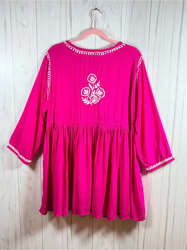 EMBROIDERED Boho Tunic Dress Bright Fuchsia and White, fits XL - Image 5