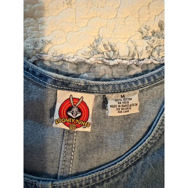 Vintage 90s Looney Tunes Denim Jumper Dress Tweety Sylvester Embroidered‎ dress - Image 4