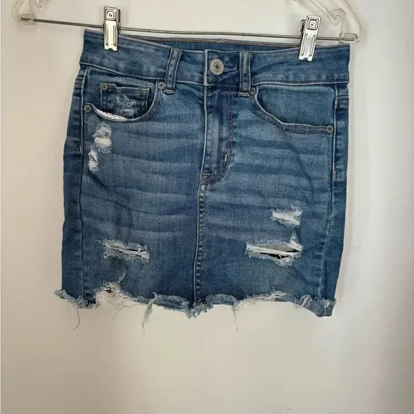 American Eagle Hi-Rise Mini Denim Jean Skirt Distressed Size 0 Blue - Image 5