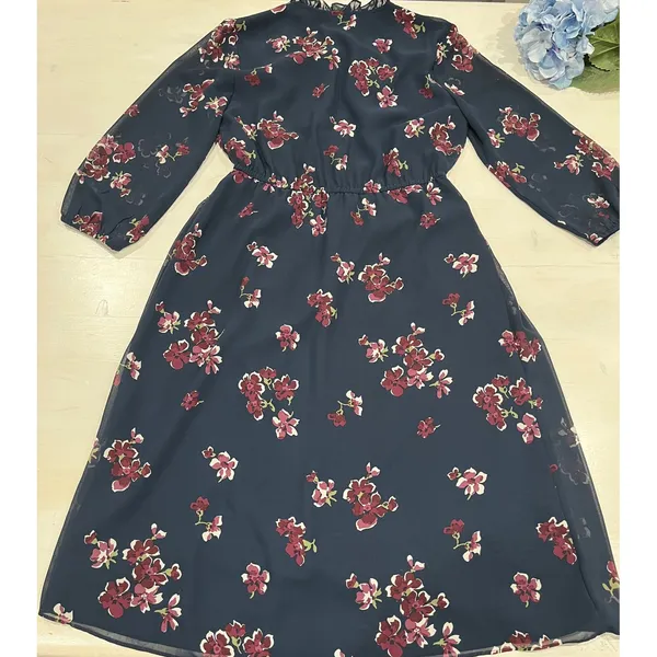 LOFT‎ Floral Midi Dress Ruffle Neck Tie Long Sleeve S - Image 10