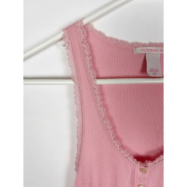 Victoria's Secret Henley tank top Size Small Pink Ribbed Lace Coquette Feminine - Image 3