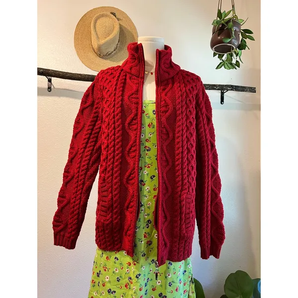 Aran Craft Ireland Red 100% Wool Made in Ireland Cardigan Sweater Size Large - Image 10