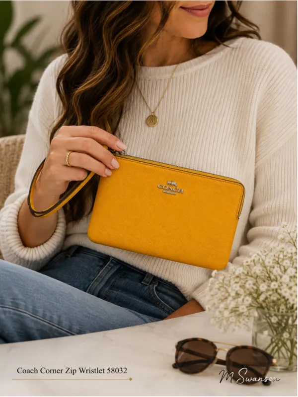 Coach Corner Zip Wristlet 58032 Yellow Crossgrain Leather EUC - Image 10
