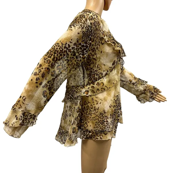 Simonton Says by George Simonton Animal Print Ruffled Kimono QVC Blouse Medium - Image 6