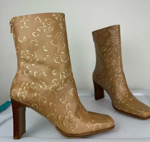 NEW Y2K Amanda Smith Leather Square Toe Heeled Boots Sz 6.5 Tan Floral - Image 5