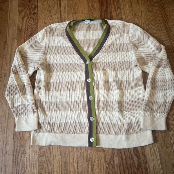 Kule Striped Cardigan Sweater Cream Tan Green Brown Trim V-Neck Size L - Image 2