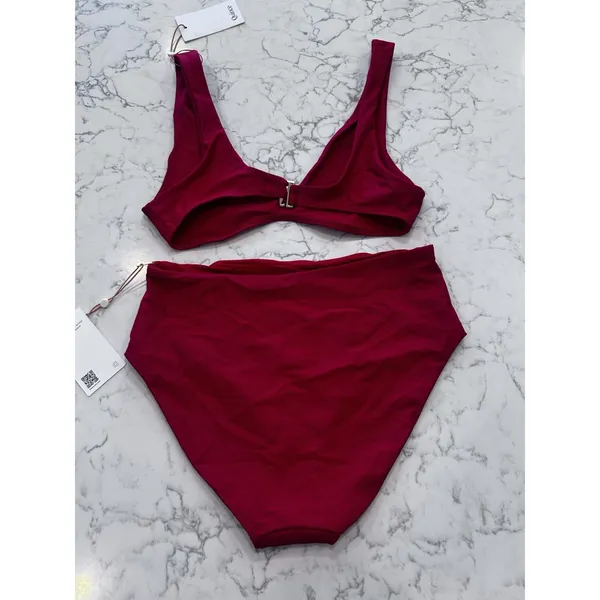 NWT Quince Cherry Red Italian Plunge Bikini Top & High Rise Bottom Set Small - Image 2