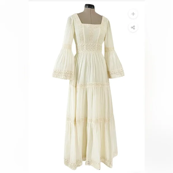 Victor Costa Mexican Wedding Dress Ivory Cotton Gauze & Lace Dress 1970 Size 0 - Image 5