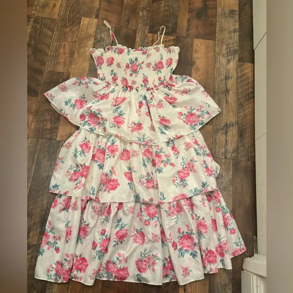 Love Shack Fancy Floral Tiered Dress with Pink Roses - Image 3