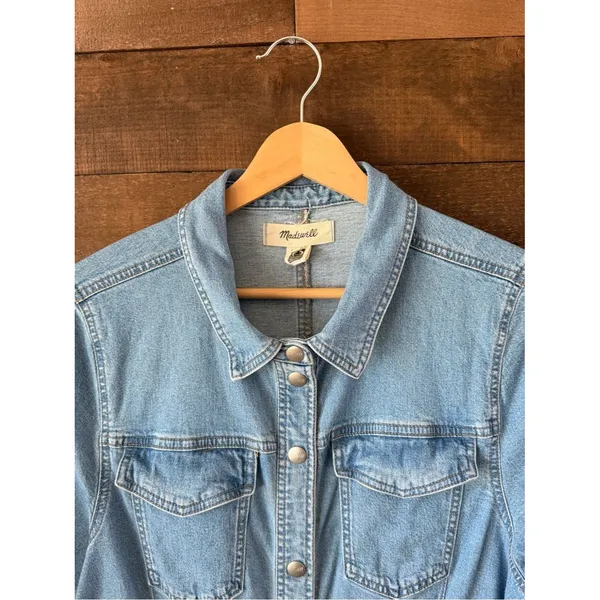 Madewell Denim Shirt Dress Snap Front Stretch Jean Dress Size 14 - Image 5