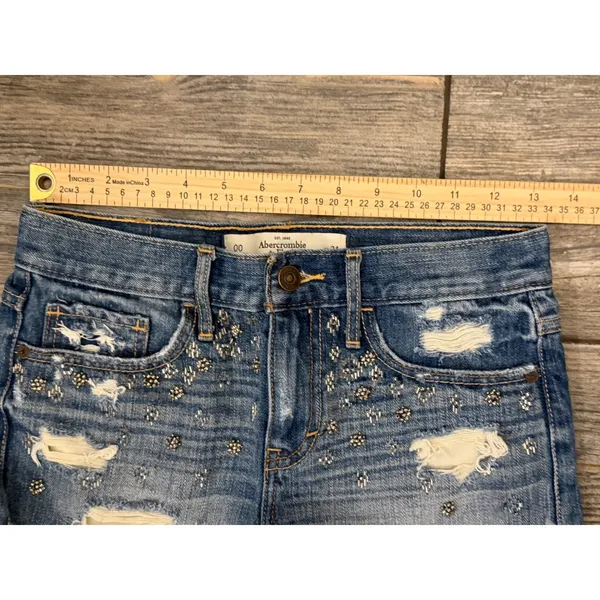 Abercrombie Fitch Distressed‎ Beaded Denim Shorts Blue 00/24 Frayed Hem Mini Y2K - Image 6