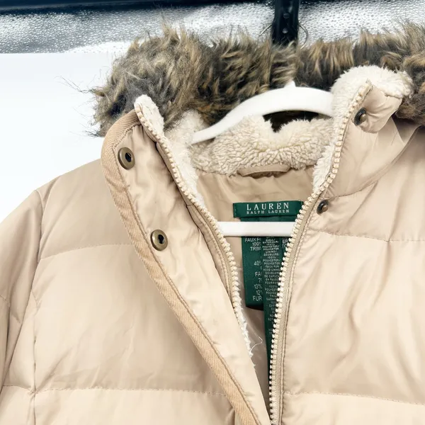 Lauren Ralph Lauren Womens Tan Down Fill Faux‎ Fur Hood Puffer Parka Coat Size L - Image 4